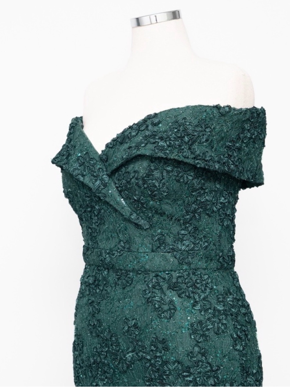 Xscape Off-Shoulder Teal Lace Evening Gown - Picture 8 of 14